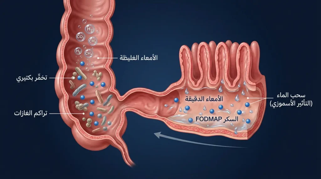  رسم توضيحي طبي واقعي يُظهر مقطعاً طولياً للأمعاء الدقيقة والغليظة يوضح كيف تسحب سكريات الفودماب الماء إلى الأمعاء الدقيقة ثم تتخمر بواسطة البكتيريا في الأمعاء الغليظة مُنتجة غازات تُسبب الانتفاخ