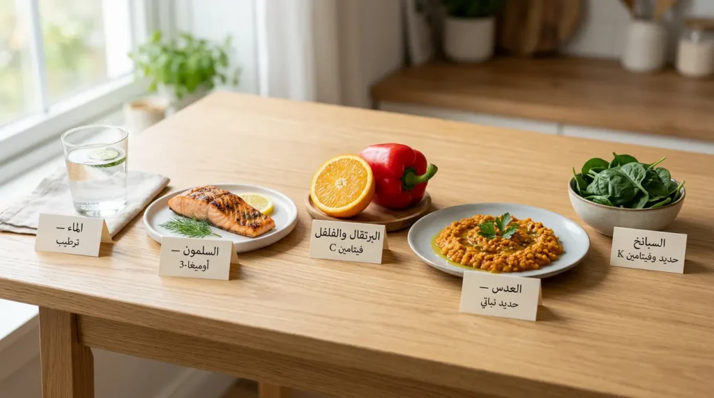 تصوير احترافي لأطعمة داعمة لصحة الجلد تحت العين تشمل السبانخ والعدس والبرتقال والسلمون والماء