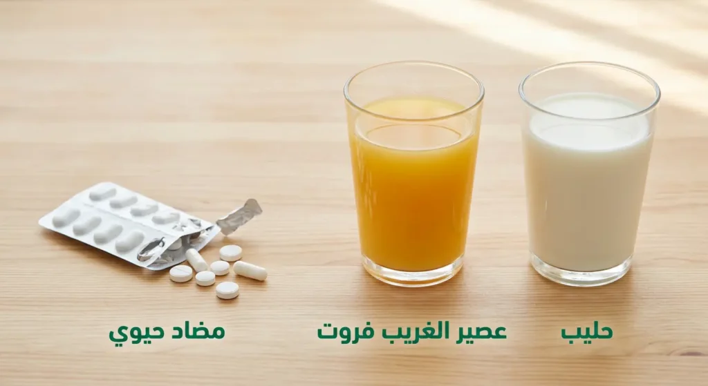  صورة واقعية تُظهر الحليب وعصير الغريب فروت ومنتجات الألبان بجوار حبوب المضادات الحيوية لتوضيح التداخل الغذائي الدوائي