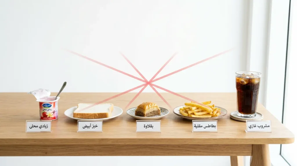 مجموعة من الأطعمة الممنوعة لمرضى السكري تشمل المشروبات الغازية والمقليات والحلويات والخبز الأبيض والزبادي المحلى