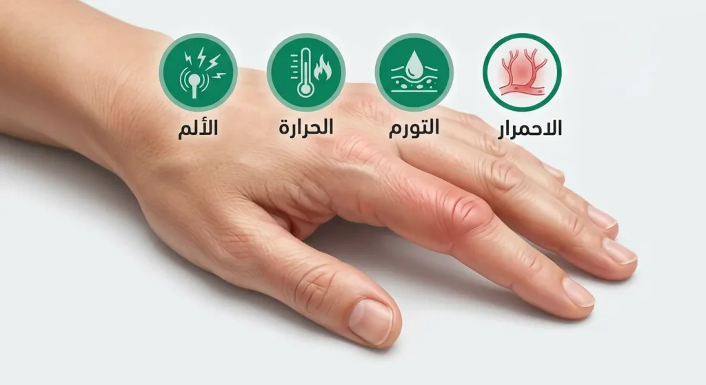  تمثيل بصري للعلامات الأربع للالتهاب: الاحمرار والتورم والحرارة والألم على منطقة مفصلية