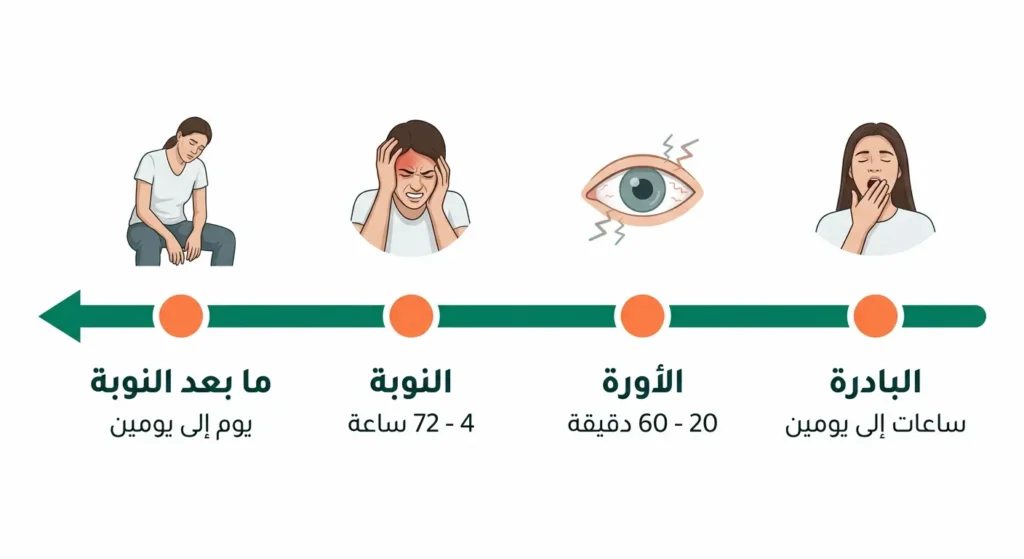 خط زمني يوضح المراحل الأربع لنوبة الصداع النصفي من اليمين إلى اليسار: البادرة ثم الأورة ثم النوبة ثم ما بعد النوبة مع المدة الزمنية لكل مرحلة