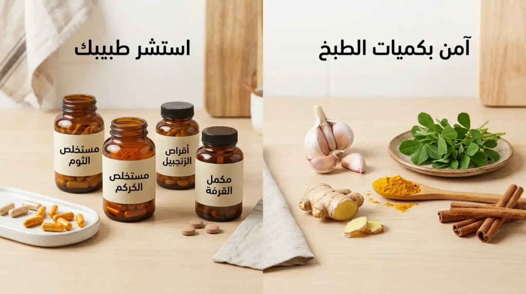 صورة مقارنة بين الأعشاب الطازجة الآمنة بكميات الطبخ على اليمين والمكملات العشبية المركزة التي تتطلب استشارة طبية على اليسار