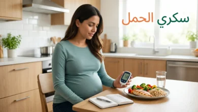 امرأة حامل تجلس في مطبخ حديث وتفحص جهاز قياس السكر بجانب طبق طعام صحي، مع عنوان "سكري الحمل" — صورة توضيحية لمقالة عن أسباب سكري الحمل وطرق السيطرة عليه