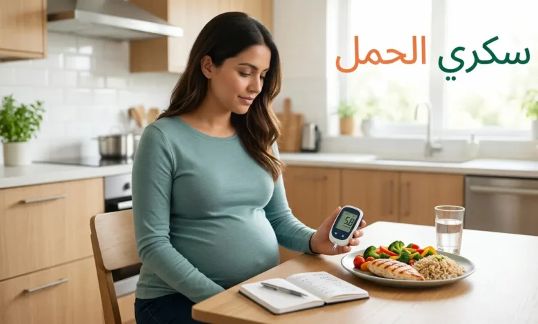 امرأة حامل تجلس في مطبخ حديث وتفحص جهاز قياس السكر بجانب طبق طعام صحي، مع عنوان "سكري الحمل" — صورة توضيحية لمقالة عن أسباب سكري الحمل وطرق السيطرة عليه