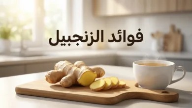 صورة غلاف تعرض جذر زنجبيل طازج مقطع على لوح خشبي بجانب كوب شاي زنجبيل ساخن مع عنوان فوائد الزنجبيل