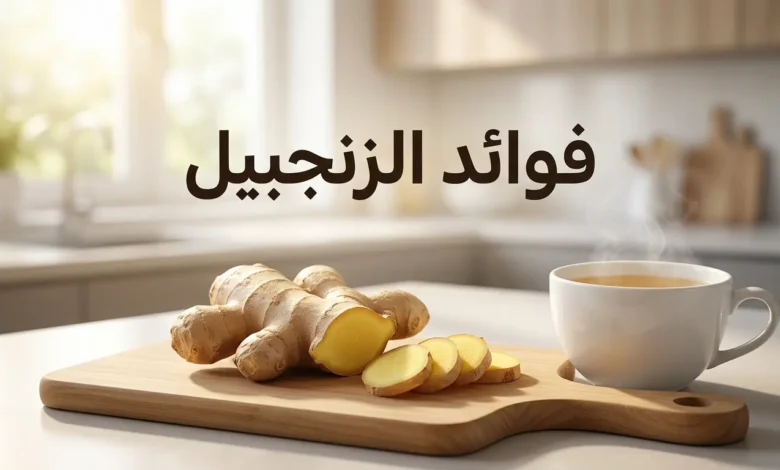صورة غلاف تعرض جذر زنجبيل طازج مقطع على لوح خشبي بجانب كوب شاي زنجبيل ساخن مع عنوان فوائد الزنجبيل