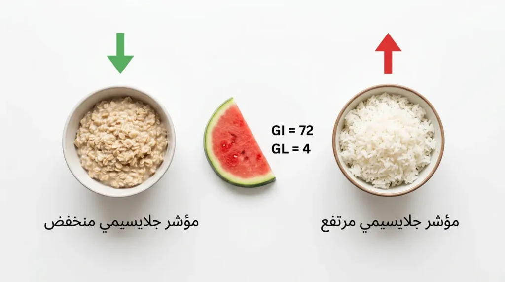  مقارنة بصرية بين الأرز الأبيض ذي المؤشر الجلايسيمي المرتفع والشوفان ذي المؤشر المنخفض مع توضيح الفرق بين المؤشر والحمل الجلايسيمي