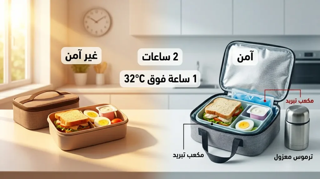 صورة توعوية واقعية تقارن بين صندوق طعام محفوظ بمكعب تبريد وترموس معزول وبين طعام مكشوف في حرارة مرتفعة مع توضيح قاعدة الساعتين وساعة واحدة فوق 32°C