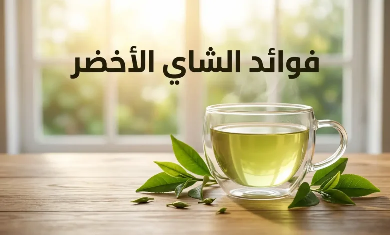 كوب زجاجي أنيق من الشاي الأخضر على طاولة خشبية محاط بأوراق شاي طازجة مع إضاءة صباحية طبيعية وعنوان فوائد الشاي الأخضر