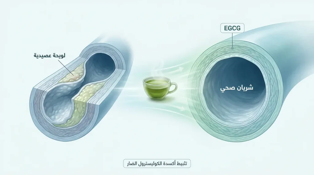 مقطع عرضي يقارن بين شريان صحي وشريان يحتوي على لويحة عصيدية مع توضيح دور مركب EGCG في تثبيط أكسدة الكوليسترول الضار