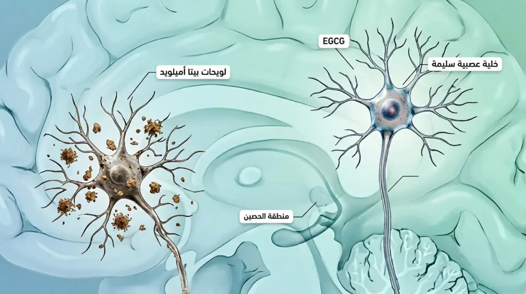 رسم توضيحي يقارن بين خلية عصبية سليمة محمية بمركب EGCG وخلية محاطة بلويحات بيتا أميلويد في منطقة الحصين بالدماغ