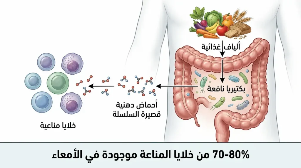  رسم توضيحي طبي يوضح كيف تغذي الألياف الغذائية البكتيريا النافعة في الأمعاء التي تنتج أحماضاً دهنية قصيرة السلسلة تحفز الخلايا المناعية