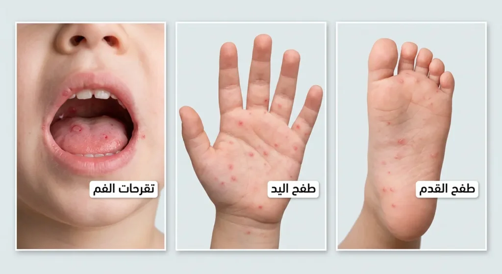 صورة طبية واقعية لمتلازمة الفم واليد والقدم توضح تقرحات الفم وطفح اليد وطفح القدم عند طفل صغير