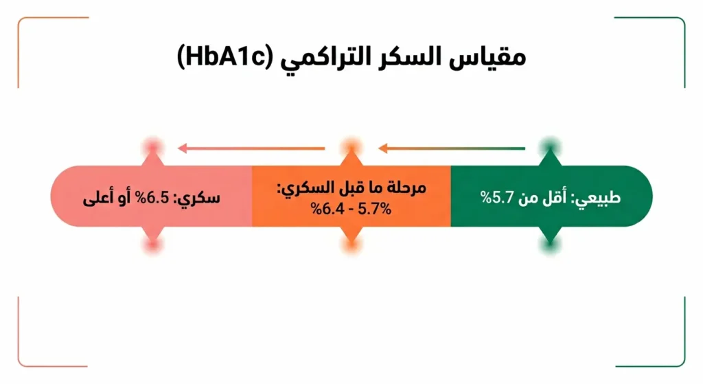 مقياس السكر التراكمي HbA1c يوضح المعدلات الطبيعية ومرحلة ما قبل السكري والسكري.
