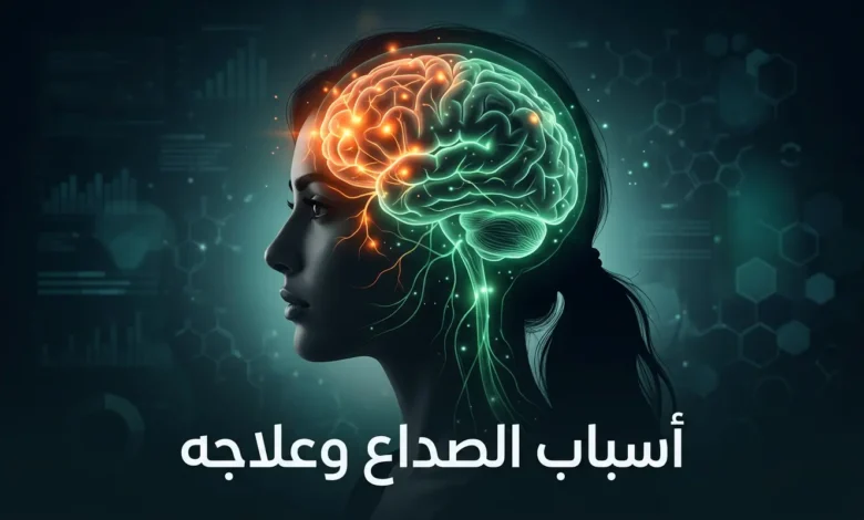 صورة غلاف توضح دماغاً بشرياً مع مسارات عصبية مضيئة ترمز إلى أسباب الصداع وعلاجه، مع الكلمة المفتاحية للمقالة.