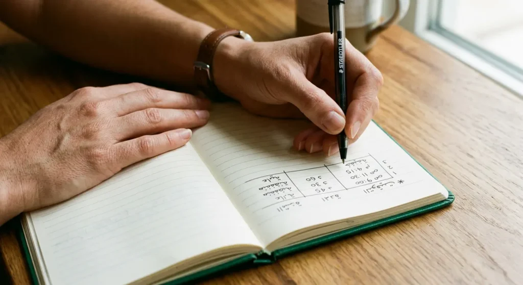  شخص يكتب في دفتر يوميات الصداع مدوّناً توقيت النوبة ومدتها وشدتها ومحفزاتها