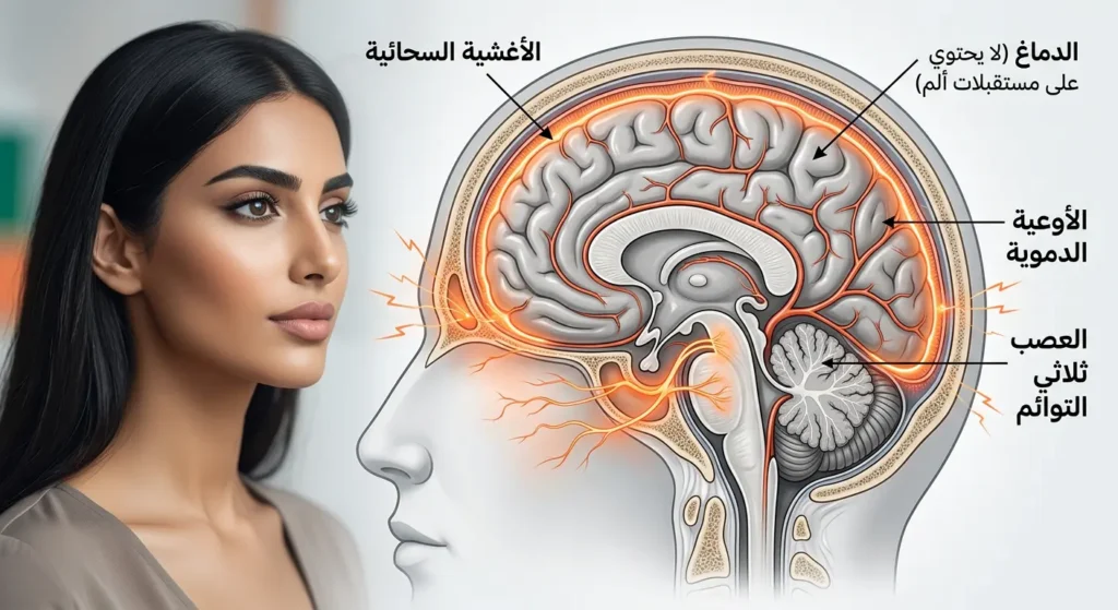 رسم توضيحي علمي يوضح أن ألم الصداع ينشأ من الأنسجة المحيطة بالدماغ كالأغشية السحائية والعصب ثلاثي التوائم، وليس من الدماغ نفسه.