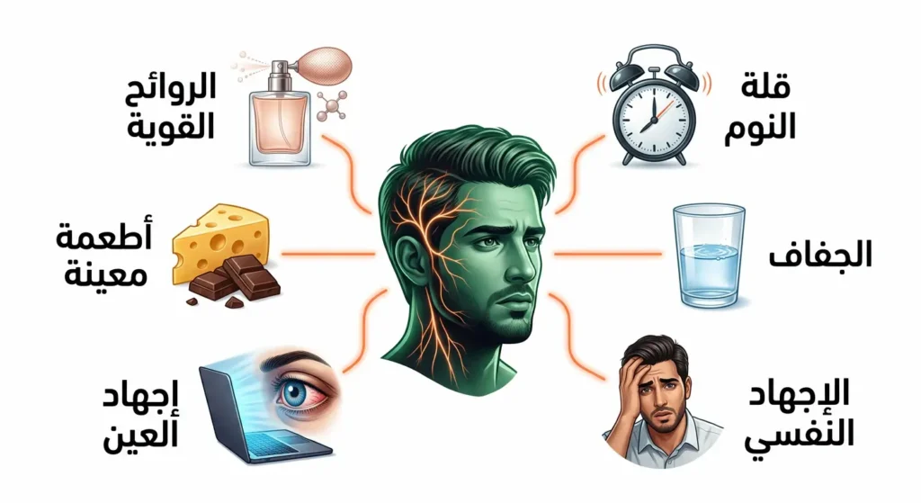 خريطة ذهنية توضح أبرز محفزات الصداع مثل قلة النوم، الجفاف، إجهاد العين، والإجهاد النفسي، ممثلة بأيقونات متصلة برأس إنسان.