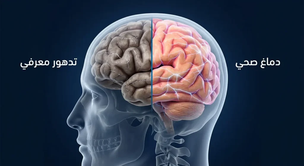 مقارنة بين دماغ صحي بوصلات عصبية سليمة ودماغ يعاني من تدهور معرفي بوصلات متضررة