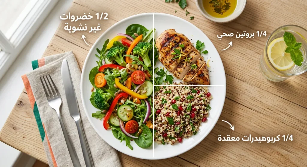 نموذج الطبق الصحي لمريض السكري، مقسم إلى خضروات وبروتين وكربوهيدرات معقدة.
