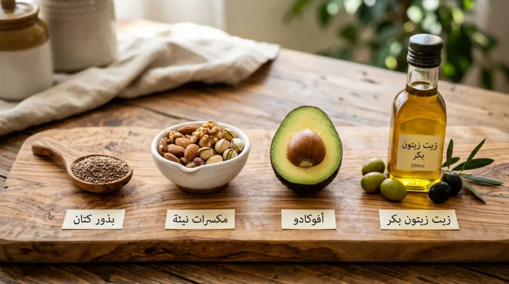 مصادر الدهون الصحية لمرضى السكري تشمل زيت الزيتون البكر والأفوكادو والمكسرات النيئة وبذور الكتان