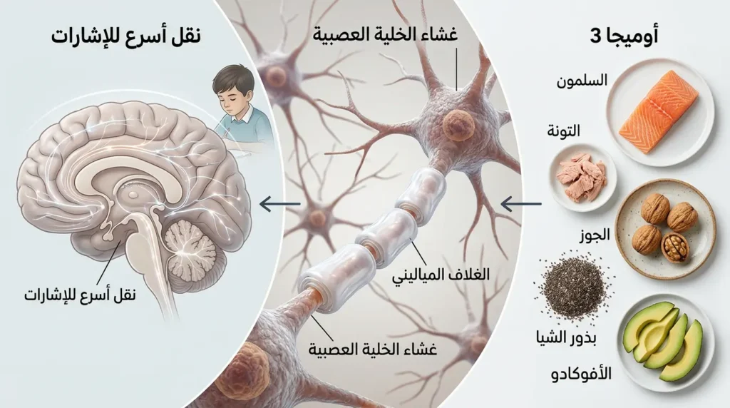 صورة تعليمية واقعية تعرض مصادر الدهون الصحية مثل السلمون والتونة والجوز وبذور الشيا والأفوكادو مع توضيح تأثيرها على الغلاف المياليني ونقل الإشارات العصبية