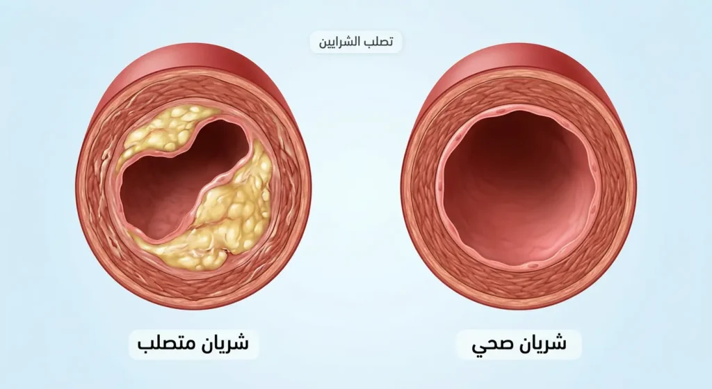 مقارنة مقطعية بين شريان صحي مفتوح وشريان متصلب بلويحات دهنية توضح آلية تصلب الشرايين