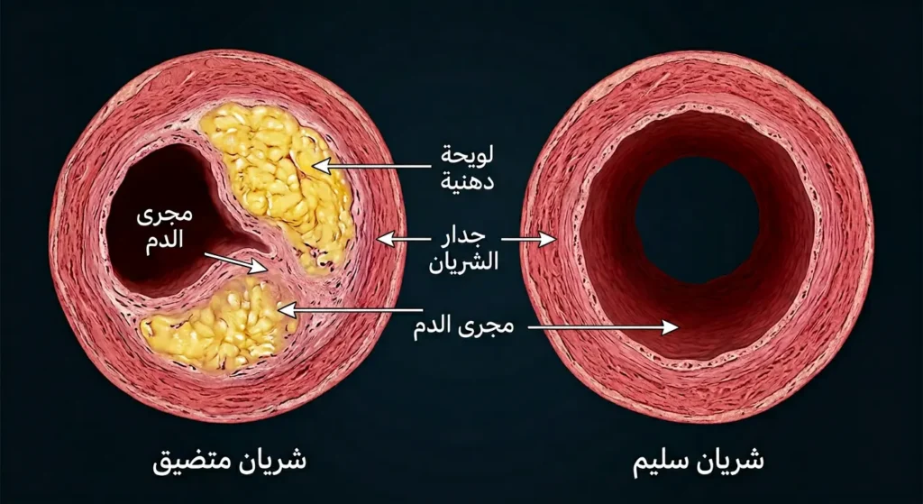 صورة مقطع عرضي واقعية تقارن بين شريان تاجي سليم ذي مجرى واسع وشريان متضيق بسبب تراكم اللويحات الدهنية على جداره الداخلي