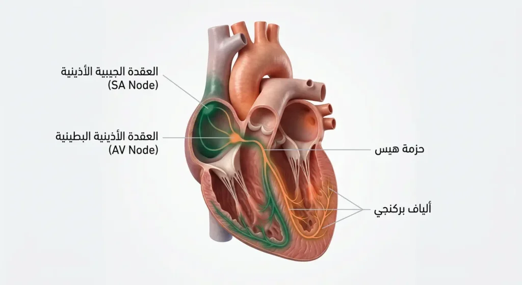 رسم تشريحي واقعي للنظام الكهربائي للقلب يوضح مسار الإشارة من العقدة الجيبية الأذينية إلى ألياف بركنجي