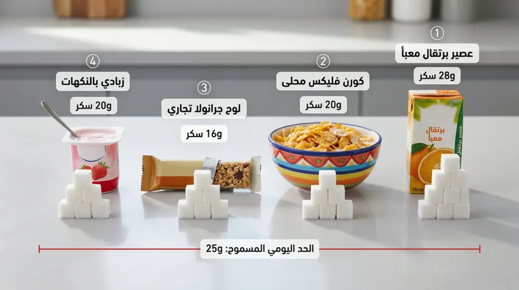مقارنة بصرية لكمية السكر المخفية في العصائر المعبأة والكورن فليكس والجرانولا والزبادي بالنكهات باستخدام مكعبات السكر مع خط الحد اليومي المسموح 25 غراماً