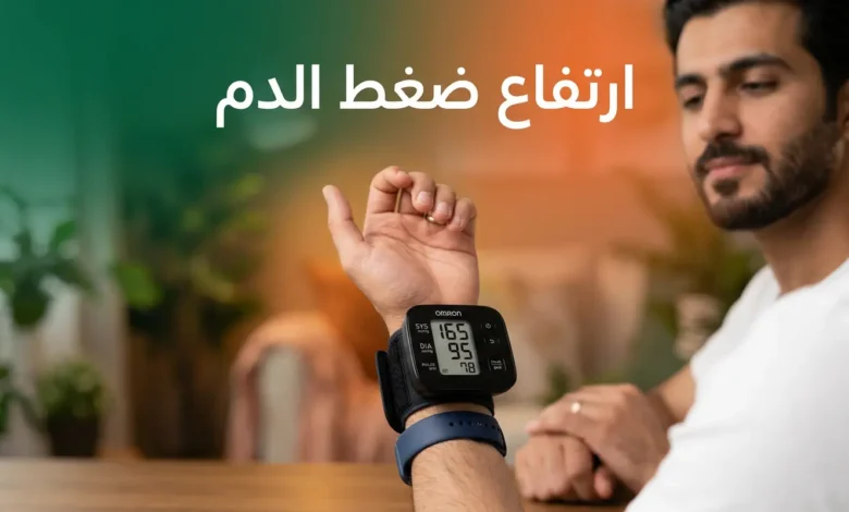 صورة غلاف تُظهر جهاز قياس ضغط الدم الإلكتروني على معصم يد مع عنوان ارتفاع ضغط الدم بالعربية على خلفية خضراء وبرتقالية