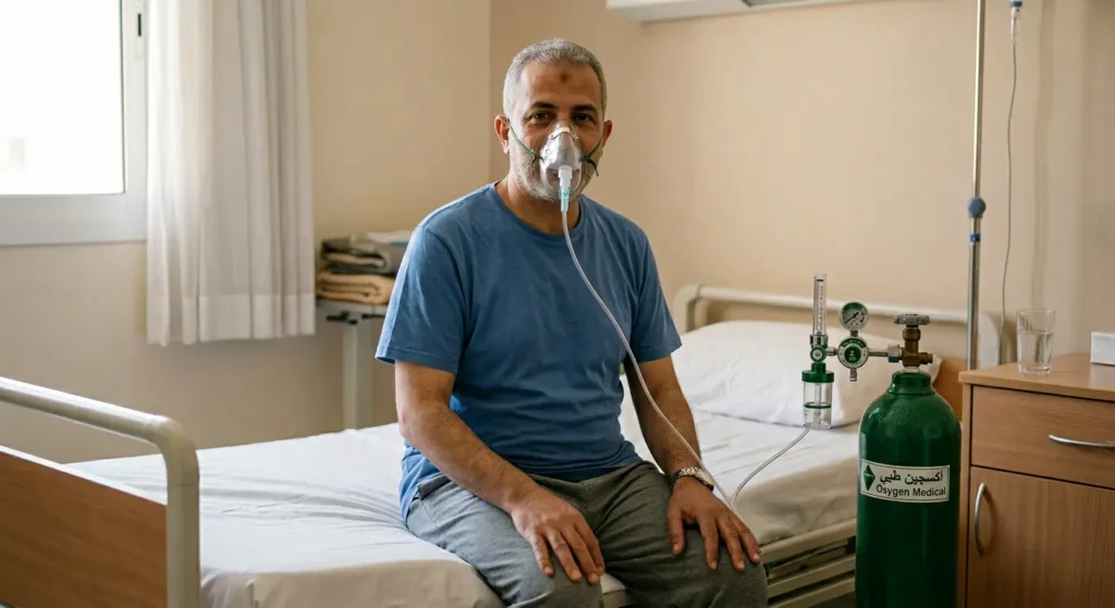 رجل يستنشق الأكسجين النقي عبر قناع وجه محكم من أسطوانة أكسجين طبية لإيقاف نوبة صداع عنقودي
