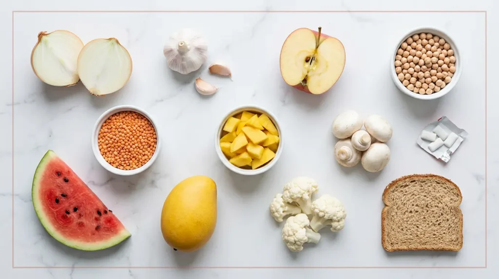 تصوير طعام احترافي من الأعلى يعرض الأطعمة عالية الفودماب الشائعة في المطبخ العربي مثل البصل والثوم والتفاح والحمص والعدس والبطيخ والمانجو والمشروم والقرنبيط والخبز الأبيض والعلكة الخالية من السكر