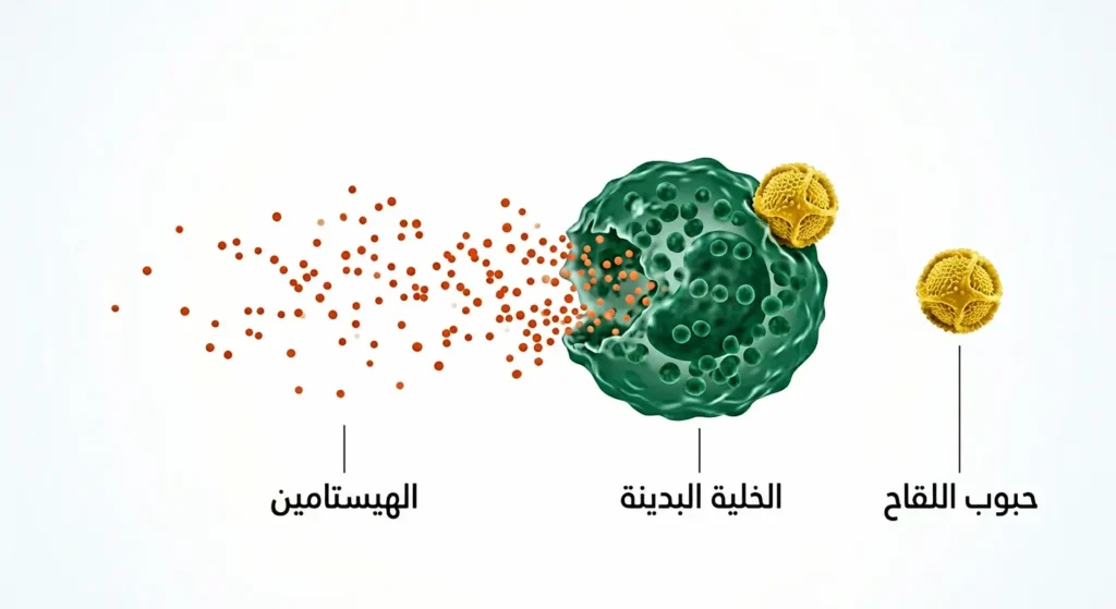 رسم تخطيطي واقعي يُظهر خلية بدينة تُطلق الهيستامين عند التعرض لمثير تحسسي كحبوب اللقاح