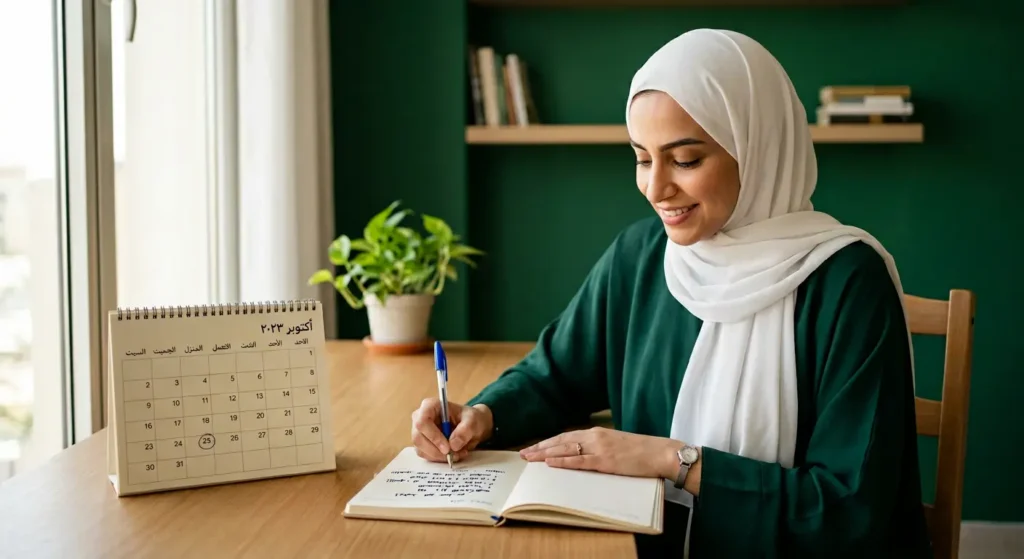 امرأة تُدوّن في مفكرة يدوية مواعيد الصداع وبيانات الدورة الشهرية