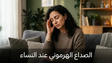 امرأة تضع يدها على رأسها بسبب الصداع الهرموني