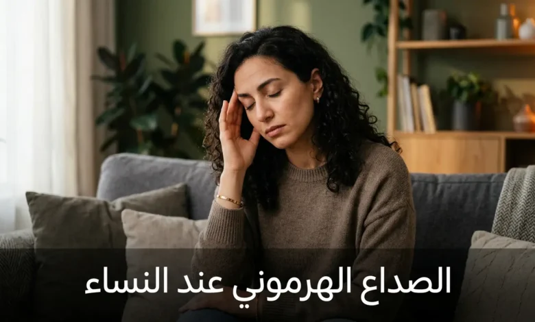 امرأة تضع يدها على رأسها بسبب الصداع الهرموني