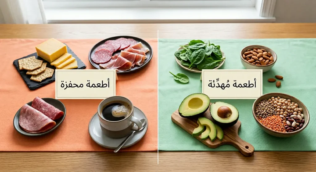  صورة مقارنة بين أطعمة تُحفز الصداع الهرموني وأطعمة تُهدئه وتقيه