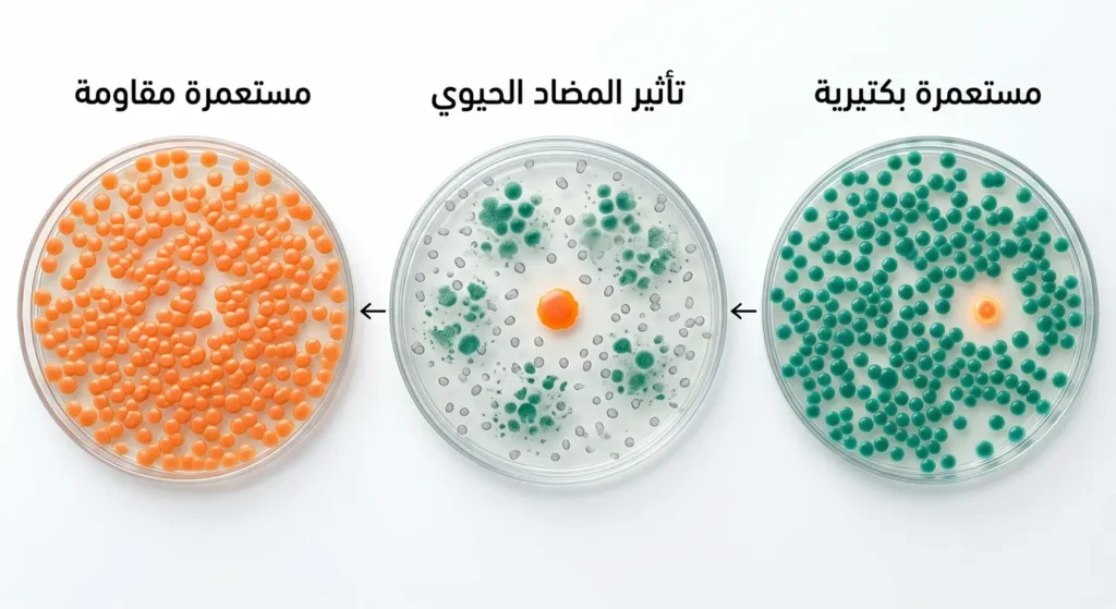 تسلسل بصري واقعي يُظهر مراحل تطوّر مقاومة البكتيريا للمضادات الحيوية من خلال بقاء الأقوى وتكاثره