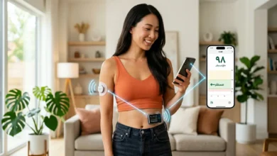 صورة تظهر نظام الحلقة المغلقة الهجينة لإدارة السكري، مع مضخة إنسولين وحساس مراقبة مستمرة للسكر.