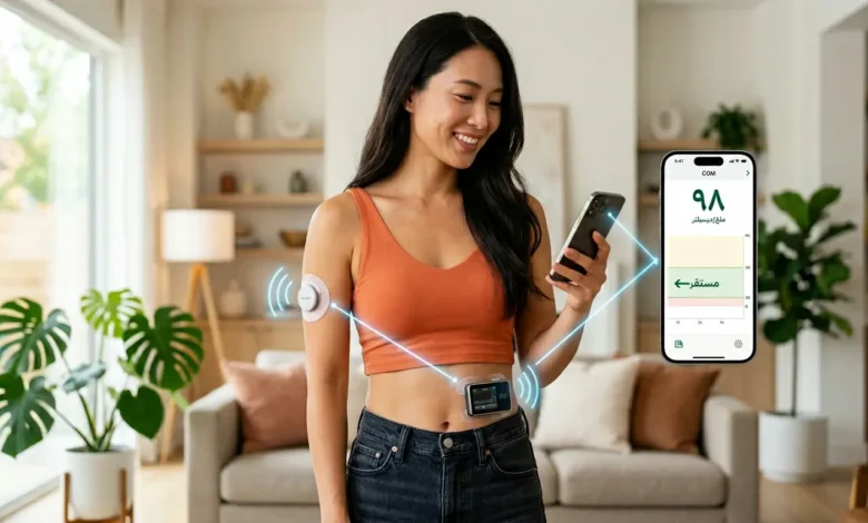 صورة تظهر نظام الحلقة المغلقة الهجينة لإدارة السكري، مع مضخة إنسولين وحساس مراقبة مستمرة للسكر.