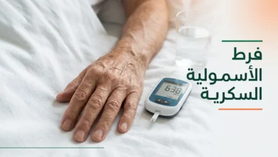 يد مريض مسن في المستشفى بجانب جهاز قياس سكر الدم يُظهر ارتفاعاً حاداً، مع نص "فرط الأسمولية السكرية"