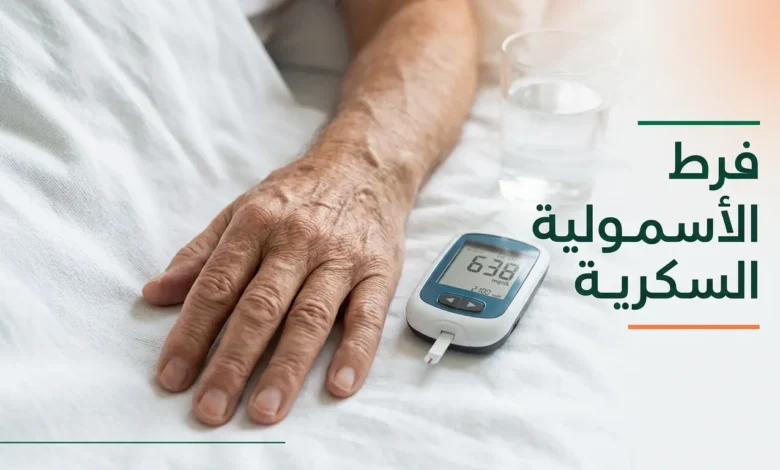 يد مريض مسن في المستشفى بجانب جهاز قياس سكر الدم يُظهر ارتفاعاً حاداً، مع نص "فرط الأسمولية السكرية"