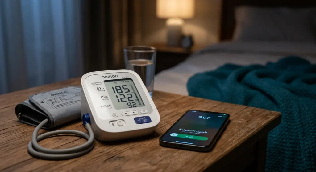 جهاز قياس ضغط دم إلكتروني يُظهر قراءة مرتفعة جداً على شاشته مع هاتف محمول بجانبه يعرض رقم الطوارئ للدلالة على ضرورة طلب المساعدة فوراً