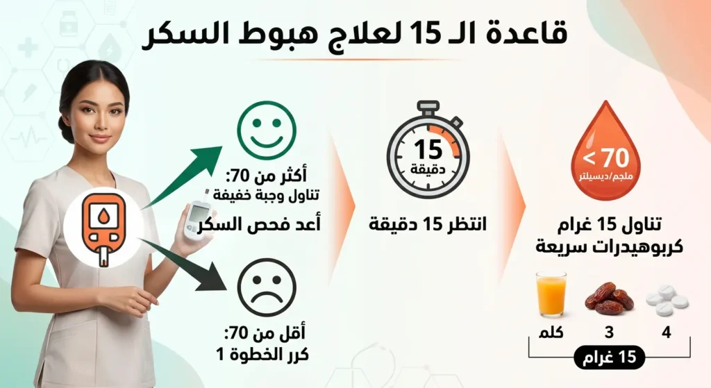 إنفوجرافيك يشرح قاعدة الـ 15 لعلاج هبوط السكر الحاد بخطوات واضحة ومصورة.