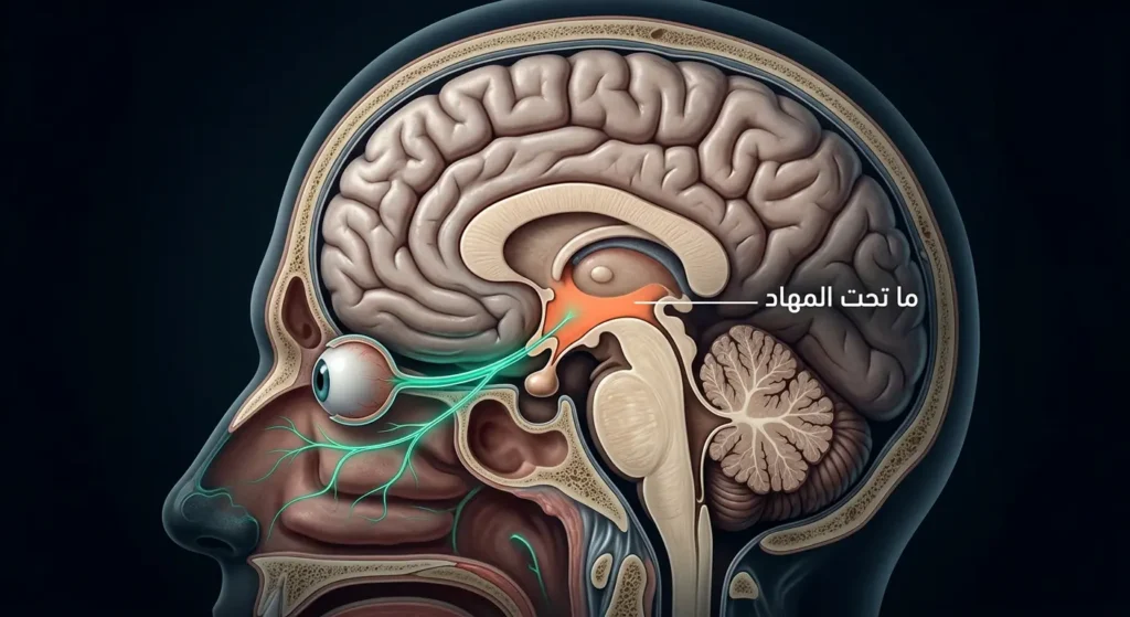 رسم تشريحي واقعي للدماغ يُبرز منطقة ما تحت المهاد والمسار الثلاثيني التوائمي المرتبطَين بالصداع العنقودي