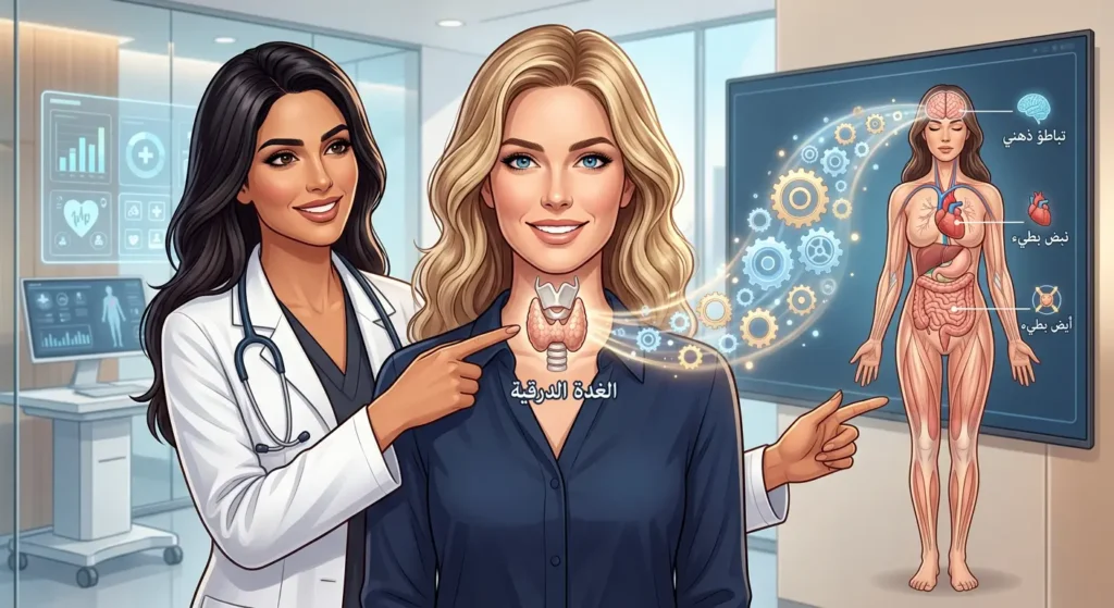 رسم توضيحي يظهر موقع الغدة الدرقية وتأثير قصورها على إبطاء وظائف الجسم الحيوية مثل الأيض والنبض والوظائف الذهنية.