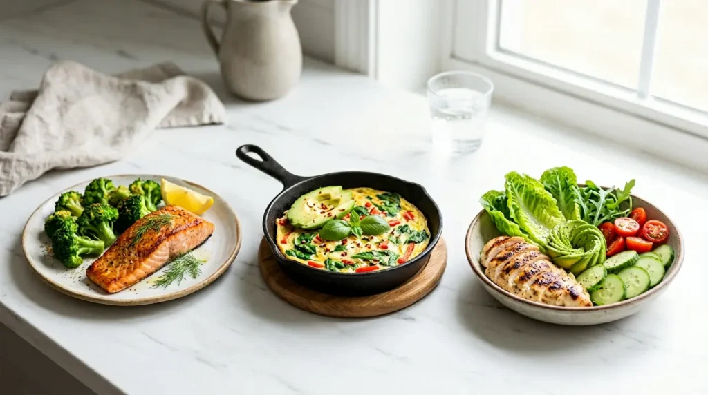 ثلاث وجبات صحية مثالية لكسر الصيام المتقطع تشمل سلطة بروتين بالدجاج المشوي وعجة بيض بالخضار وسمك السلمون المشوي مع البروكلي