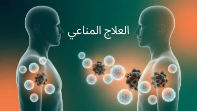 صورة توضيحية للعلاج المناعي تُظهر خلايا تائية تهاجم خلايا سرطانية داخل جسم الإنسان مع عنوان العلاج المناعي باللغة العربية